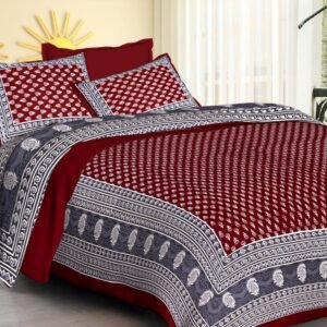 Maroon buti print double bedsheet with wide grey paisley border and matching pillow covers