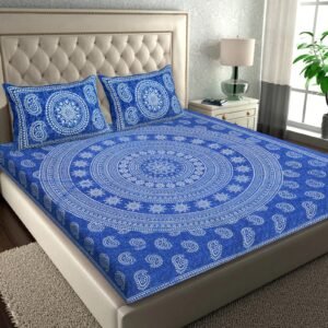 Blue double bedsheet with large white mandala and paisley print and matching mandala pillow covers