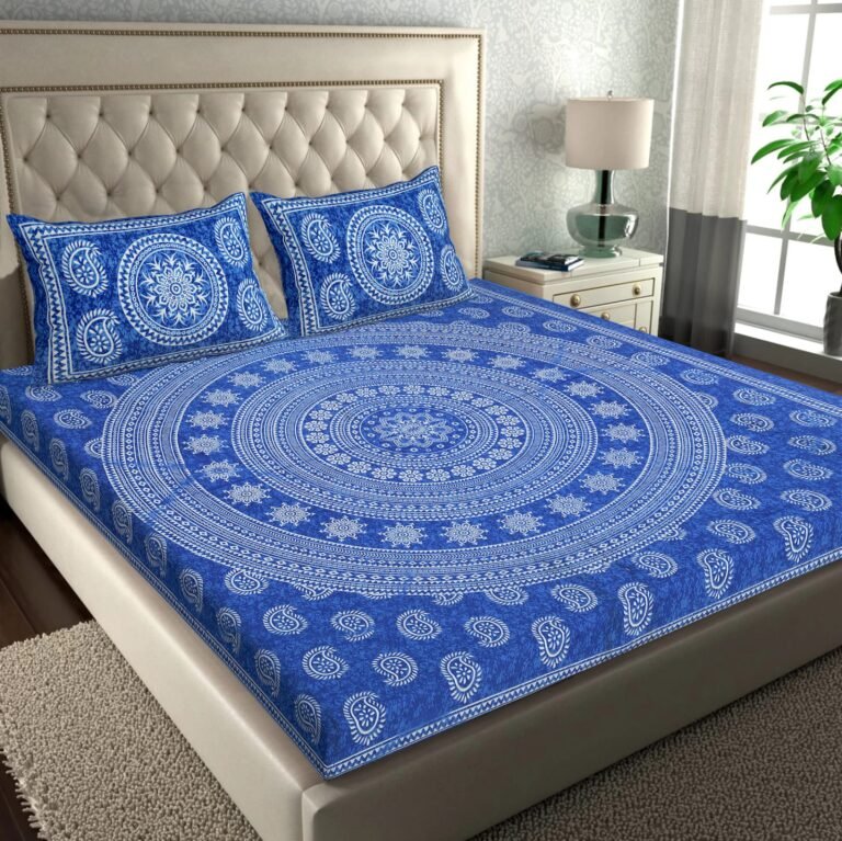 Blue double bedsheet with large white mandala and paisley print and matching mandala pillow covers