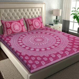 Magenta pink double bedsheet with large white mandala and paisley print and matching pillow covers