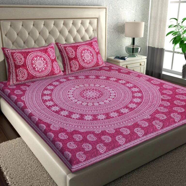 Magenta pink double bedsheet with large white mandala and paisley print and matching pillow covers