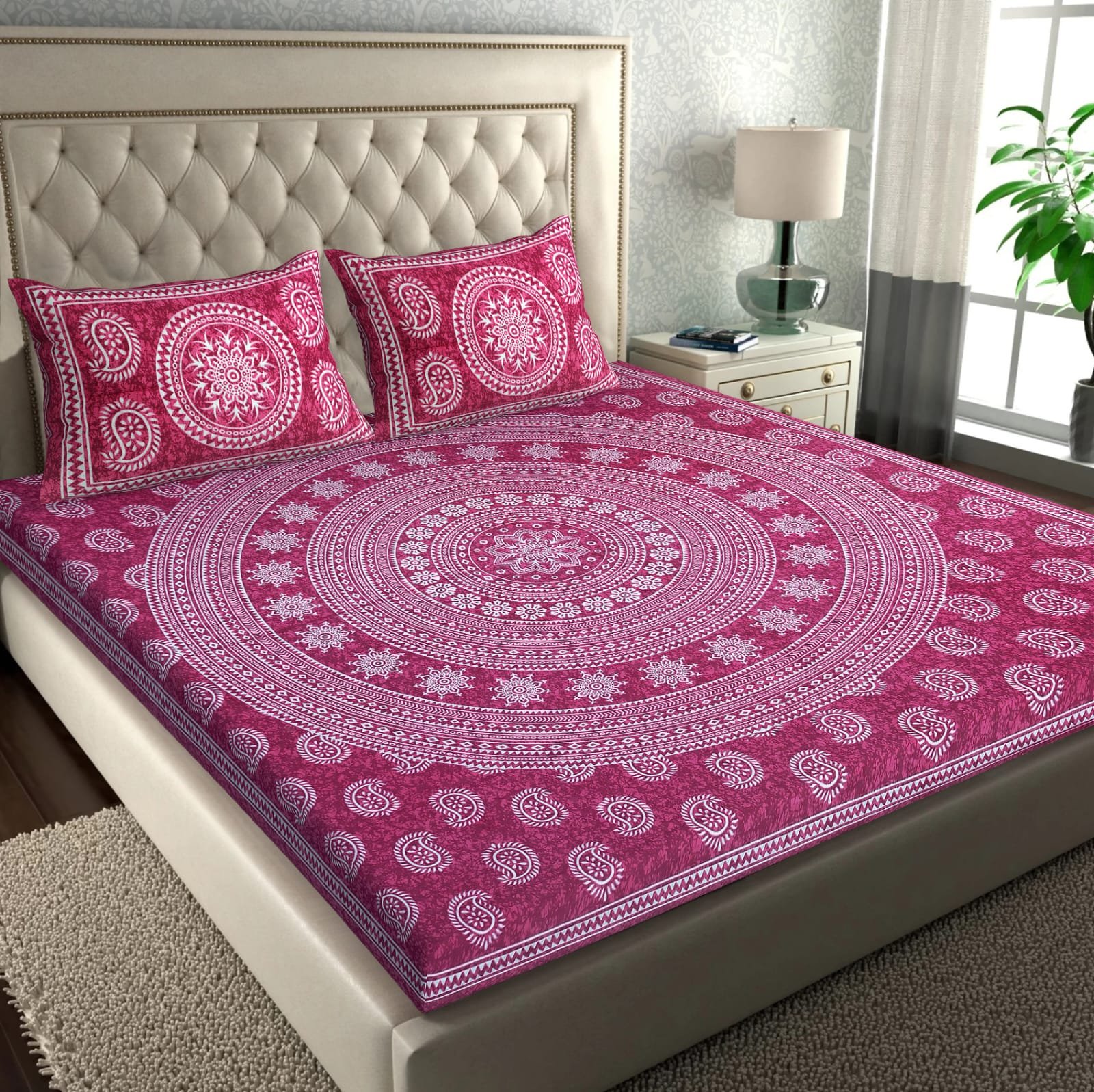 Magenta pink double bedsheet with large white mandala and paisley print and matching pillow covers