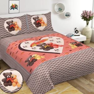 Coral and brown double bedsheet with teddy bears under an umbrella in a cream heart and teddy pillow covers