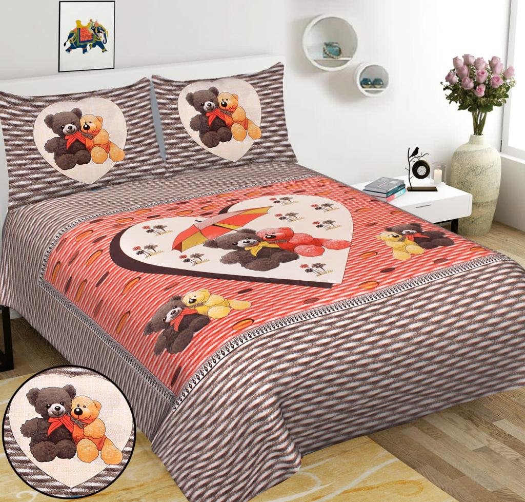 Coral and brown double bedsheet with teddy bears under an umbrella in a cream heart and teddy pillow covers