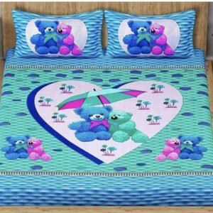 Aqua blue kids double bedsheet with teddy bears under an umbrella in a heart and teddy pillow covers