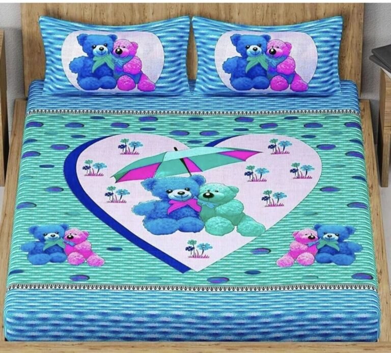 Aqua blue kids double bedsheet with teddy bears under an umbrella in a heart and teddy pillow covers