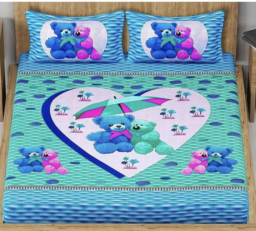 Aqua blue teddy bear print double bedsheet with 2 pillow covers