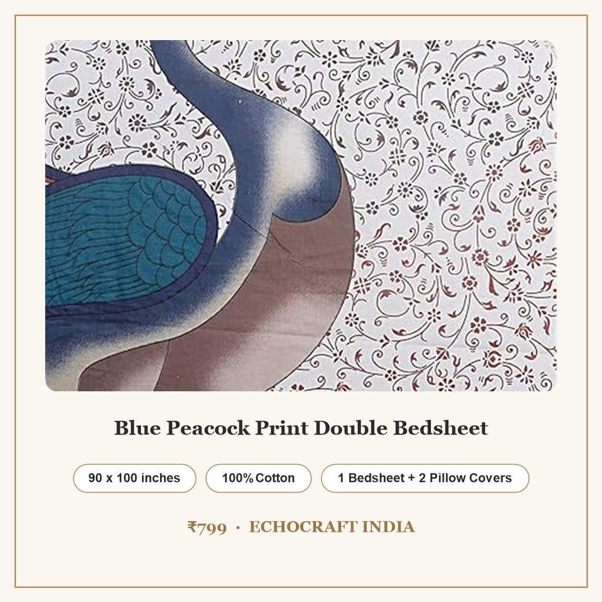 Blue Peacock Print Double Bedsheet – White Floral Jaal Design – 90 x 100 inches, 100% cotton, 1 bedsheet and 2 pillow covers, ₹799