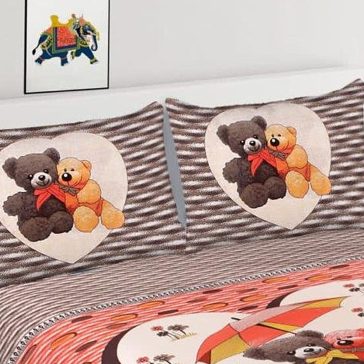 Pillow cover area of the Coral & Brown Teddy Bear Heart Print Double Bedsheet