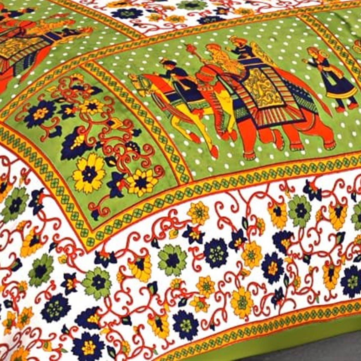 Border and edge detail of the Green Rajasthani Elephant Panel Floral Double Bedsheet