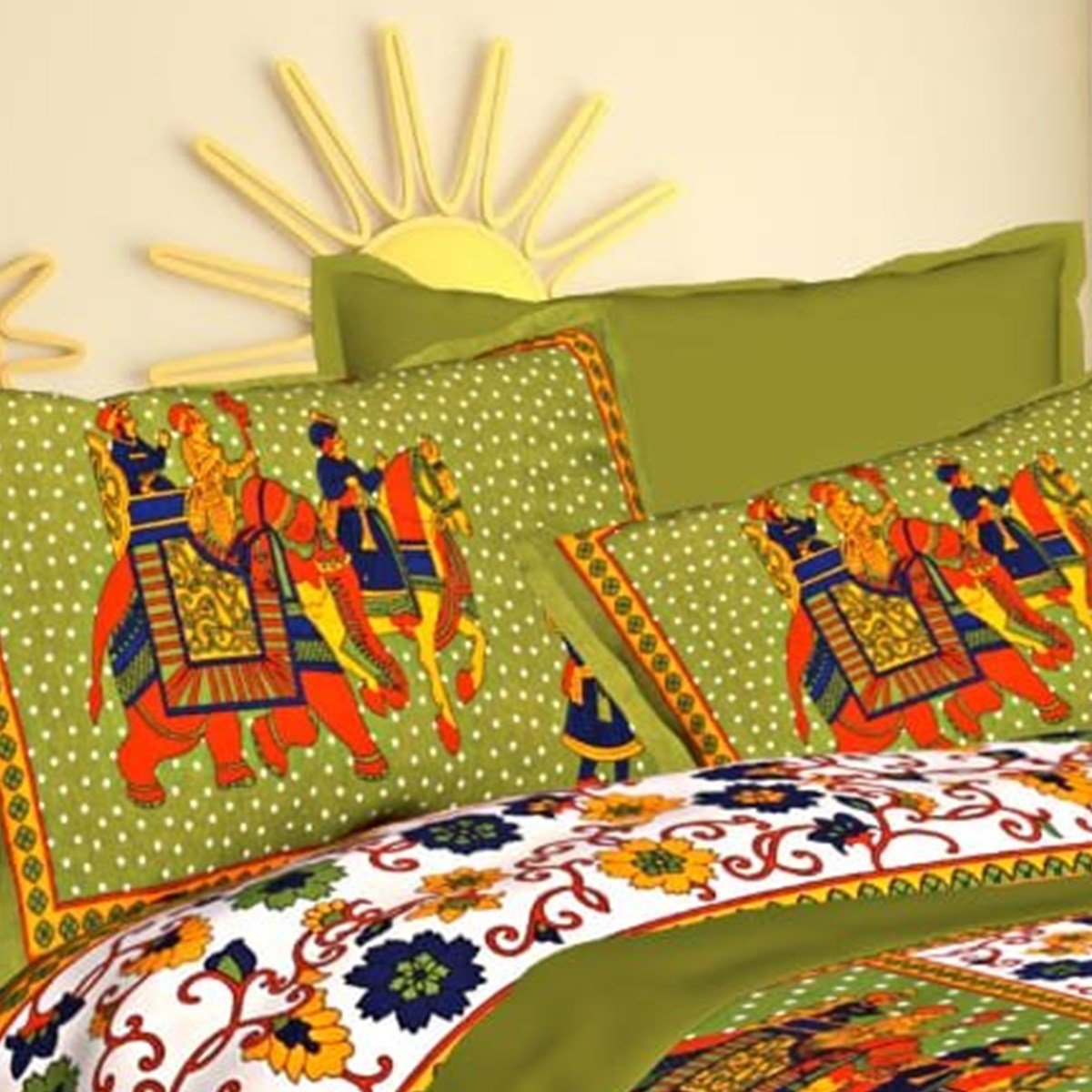 Pillow cover area of the Green Rajasthani Elephant Panel Floral Double Bedsheet