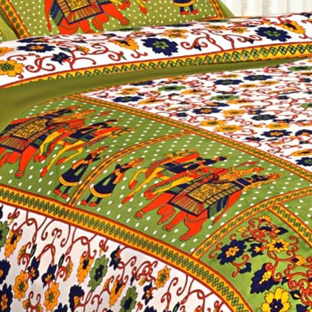 Close-up of the print on the Green Rajasthani Elephant Panel Floral Double Bedsheet
