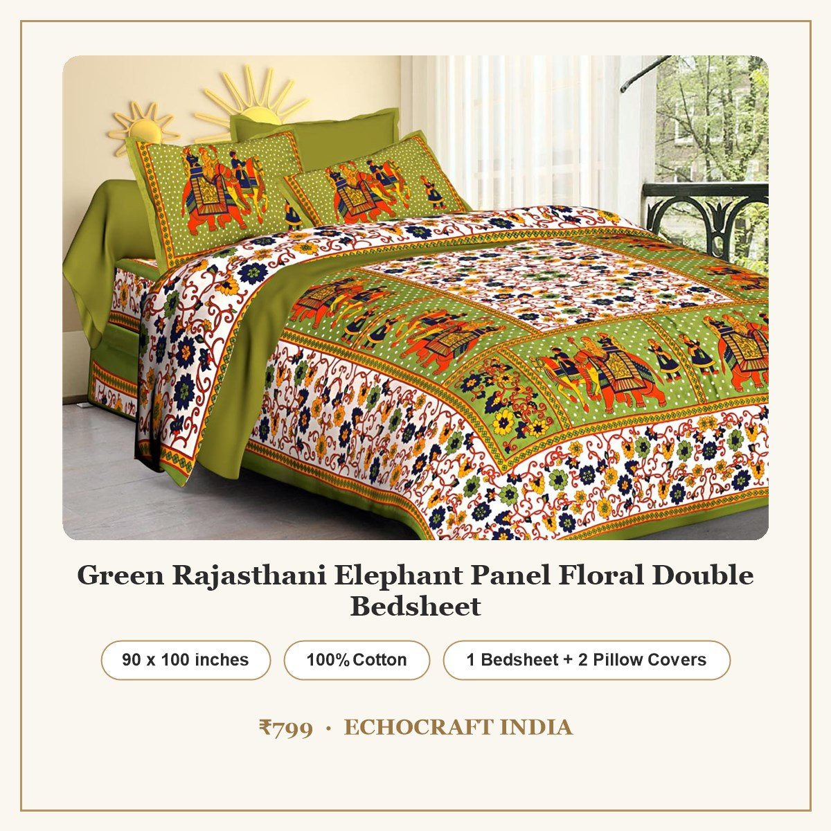 Green Rajasthani Elephant Panel Floral Double Bedsheet – 90 x 100 inches, 100% cotton, 1 bedsheet and 2 pillow covers, ₹799