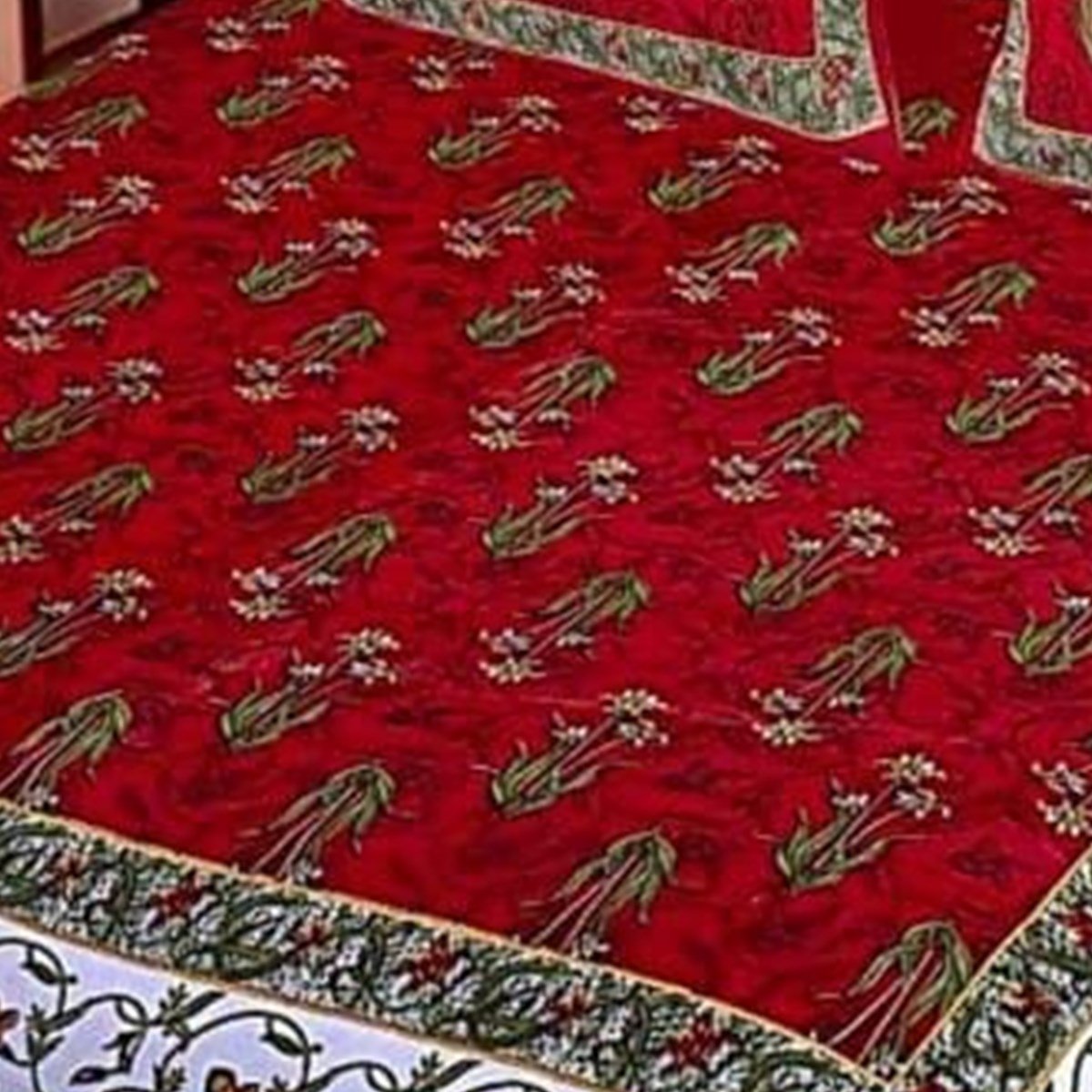 Close-up of the print on the Maroon Floral Vine Border Double Bedsheet