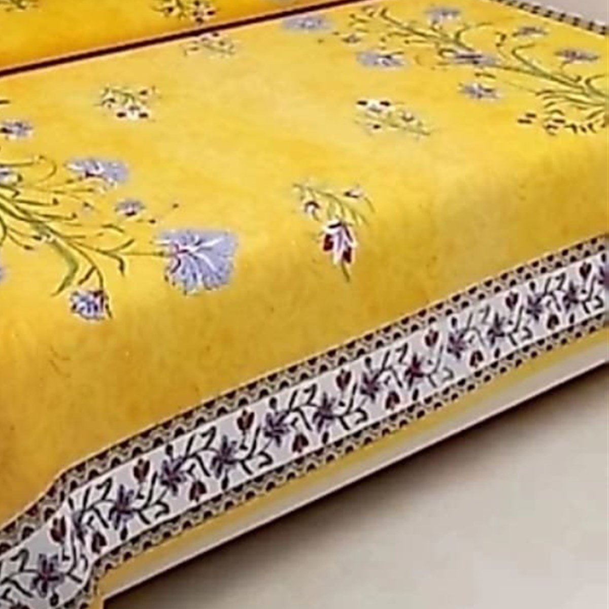 Border and edge detail of the Mustard Yellow Floral Sprig Double Bedsheet