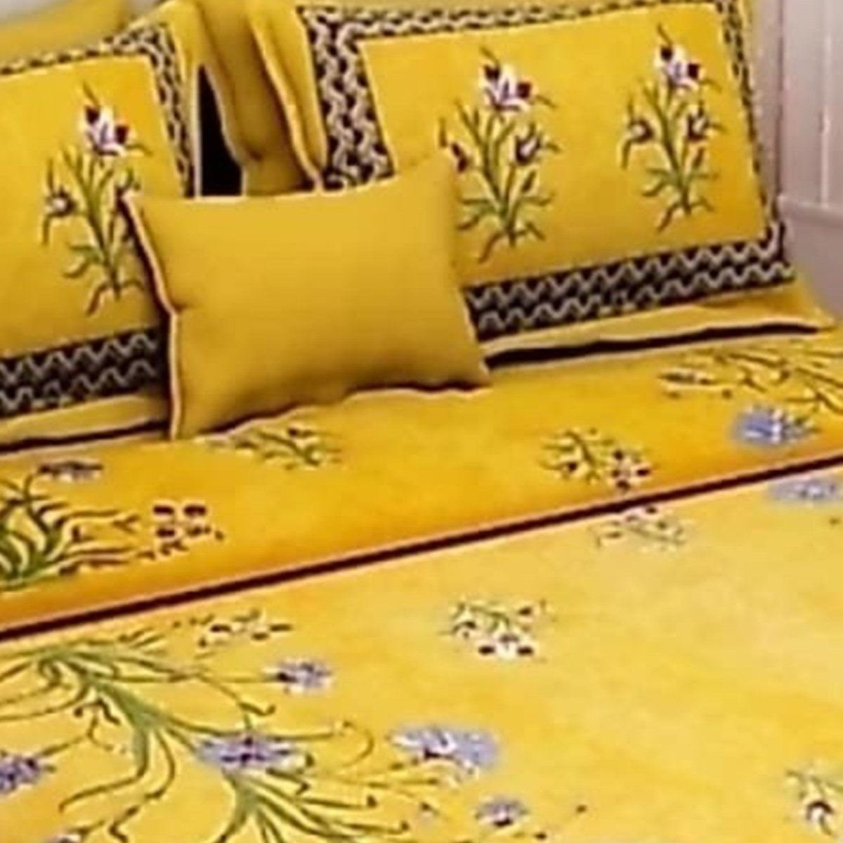 Close-up of the print on the Mustard Yellow Floral Sprig Double Bedsheet