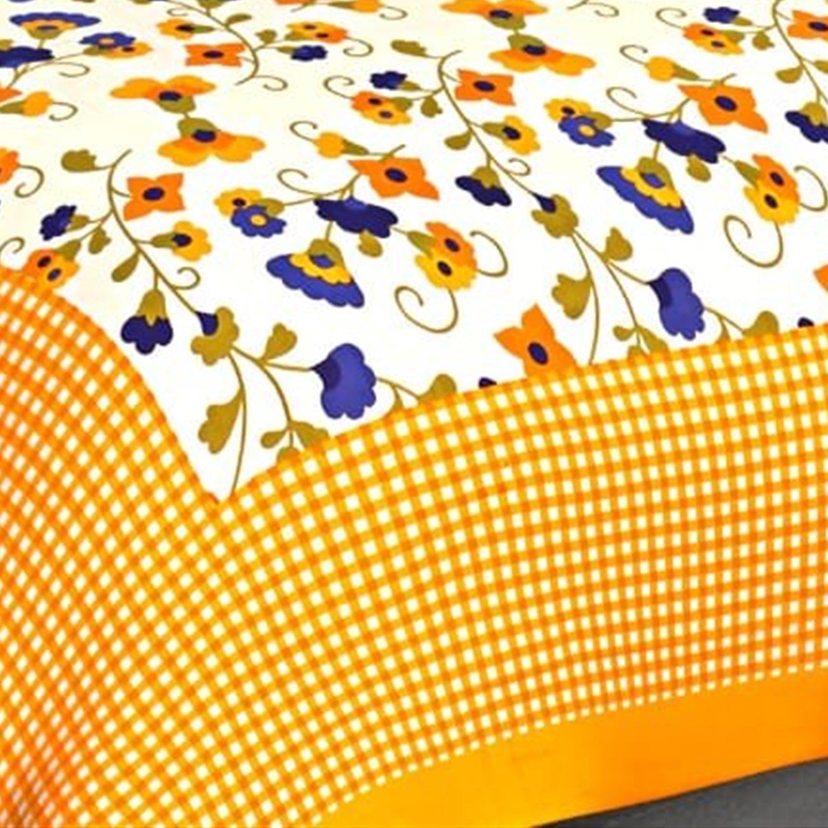 Border and edge detail of the Orange Gingham Check Floral Double Bedsheet