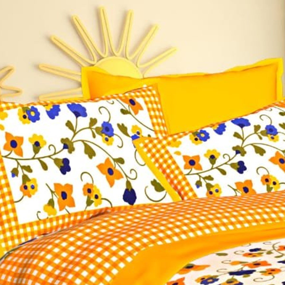 Pillow cover area of the Orange Gingham Check Floral Double Bedsheet