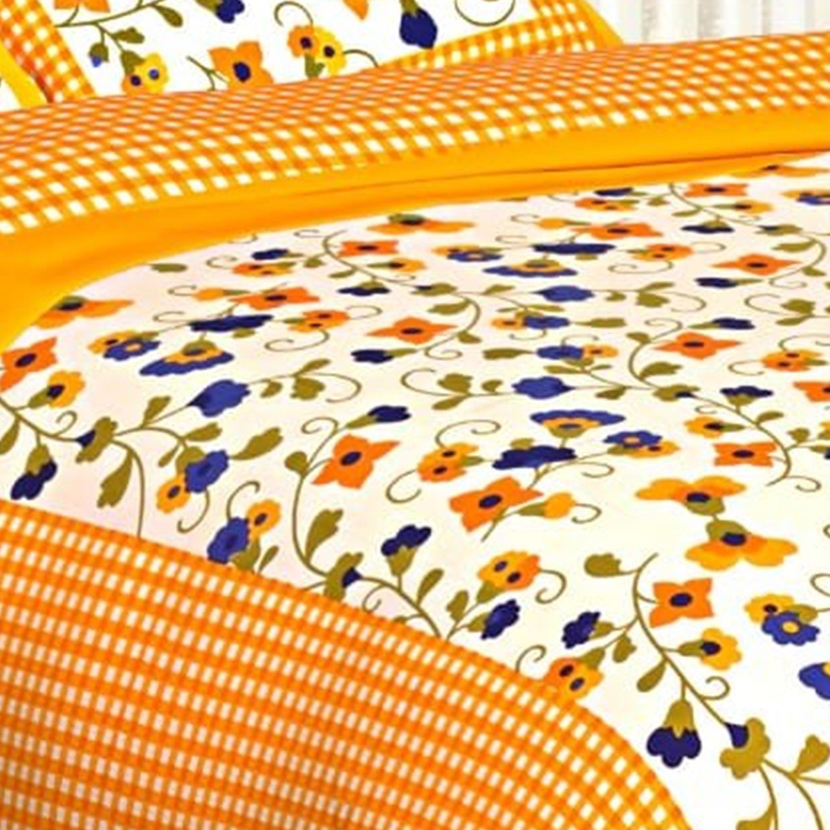 Close-up of the print on the Orange Gingham Check Floral Double Bedsheet
