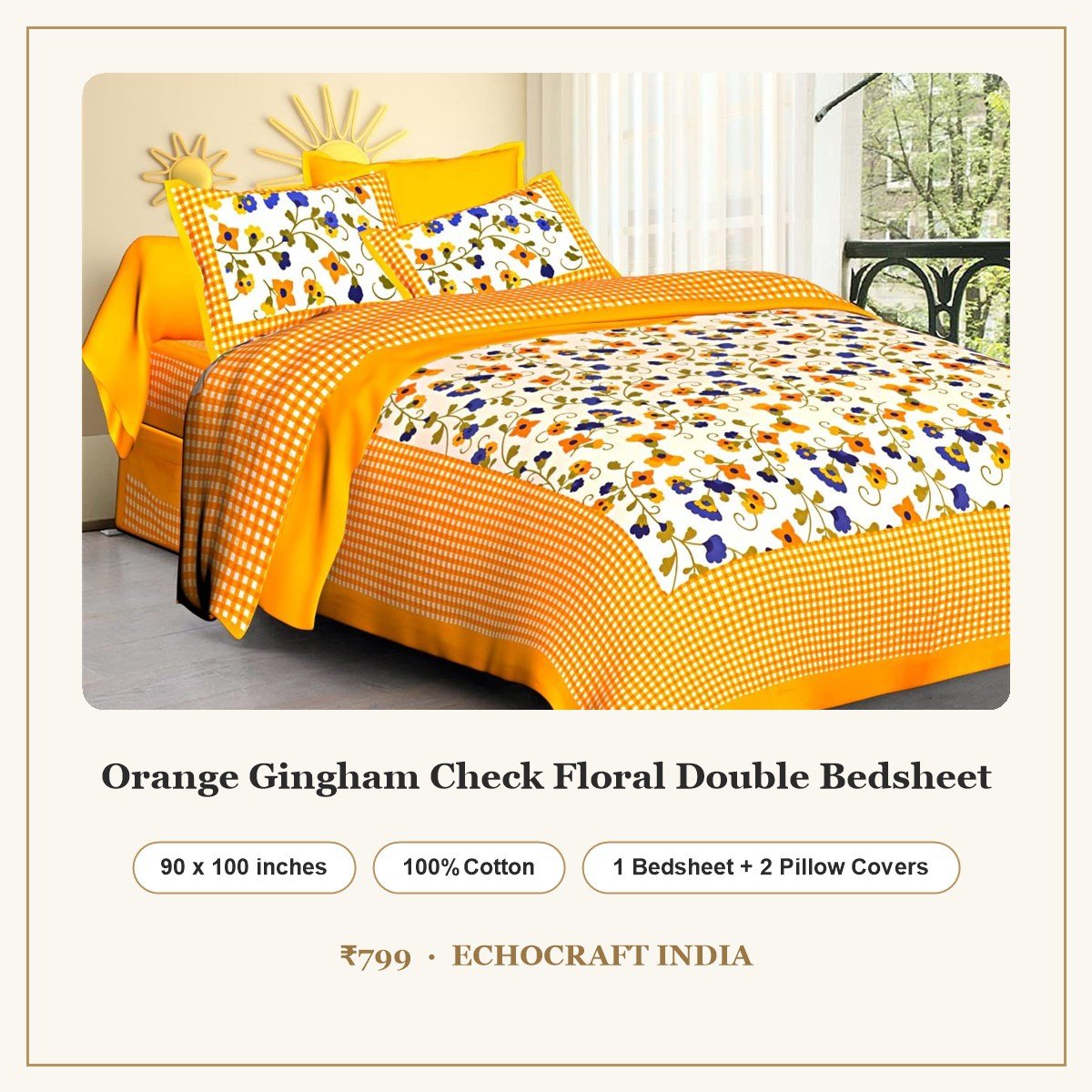 Orange Gingham Check Floral Double Bedsheet – 90 x 100 inches, 100% cotton, 1 bedsheet and 2 pillow covers, ₹799
