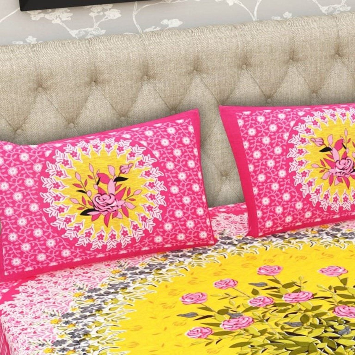 Pillow cover area of the Pink & Yellow Floral Medallion Double Bedsheet