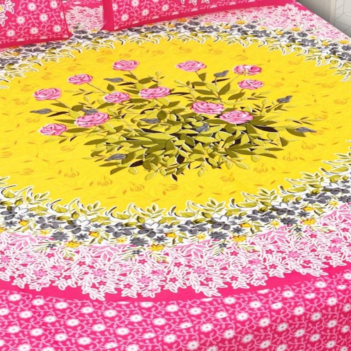 Close-up of the print on the Pink & Yellow Floral Medallion Double Bedsheet