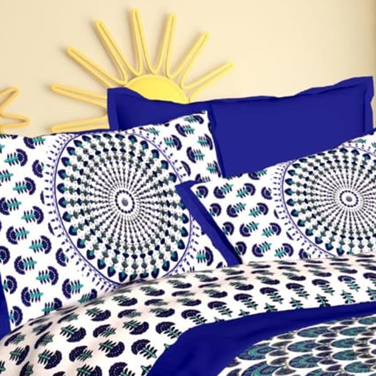 Pillow cover area of the Royal Blue Peacock Feather Sunburst Double Bedsheet