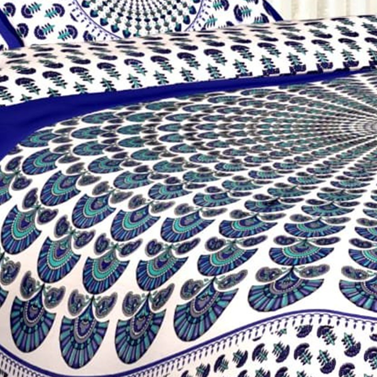Close-up of the print on the Royal Blue Peacock Feather Sunburst Double Bedsheet