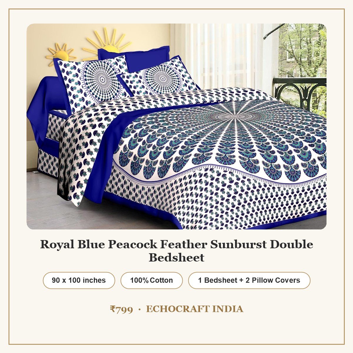 Royal Blue Peacock Feather Sunburst Double Bedsheet – 90 x 100 inches, 100% cotton, 1 bedsheet and 2 pillow covers, ₹799