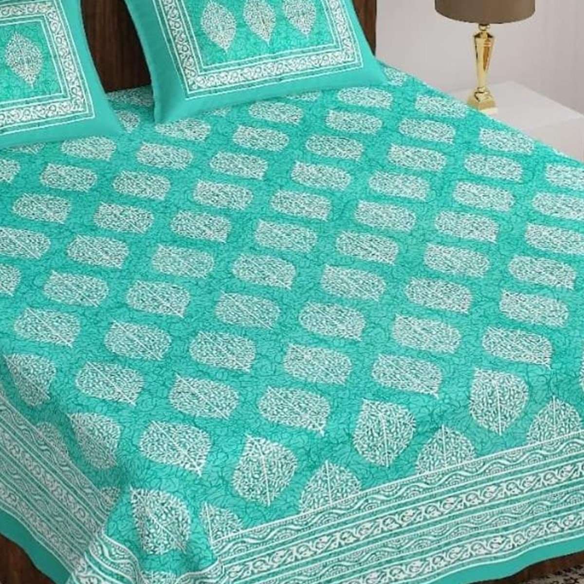 Close-up of the print on the Turquoise Buti Print Double Bedsheet