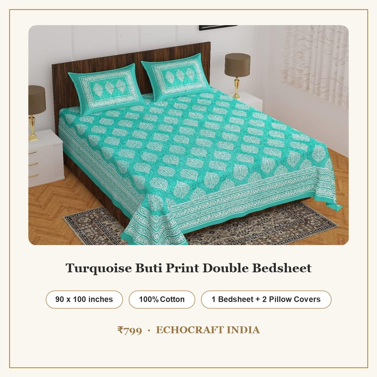 Turquoise Buti Print Double Bedsheet – 90 x 100 inches, 100% cotton, 1 bedsheet and 2 pillow covers, ₹799