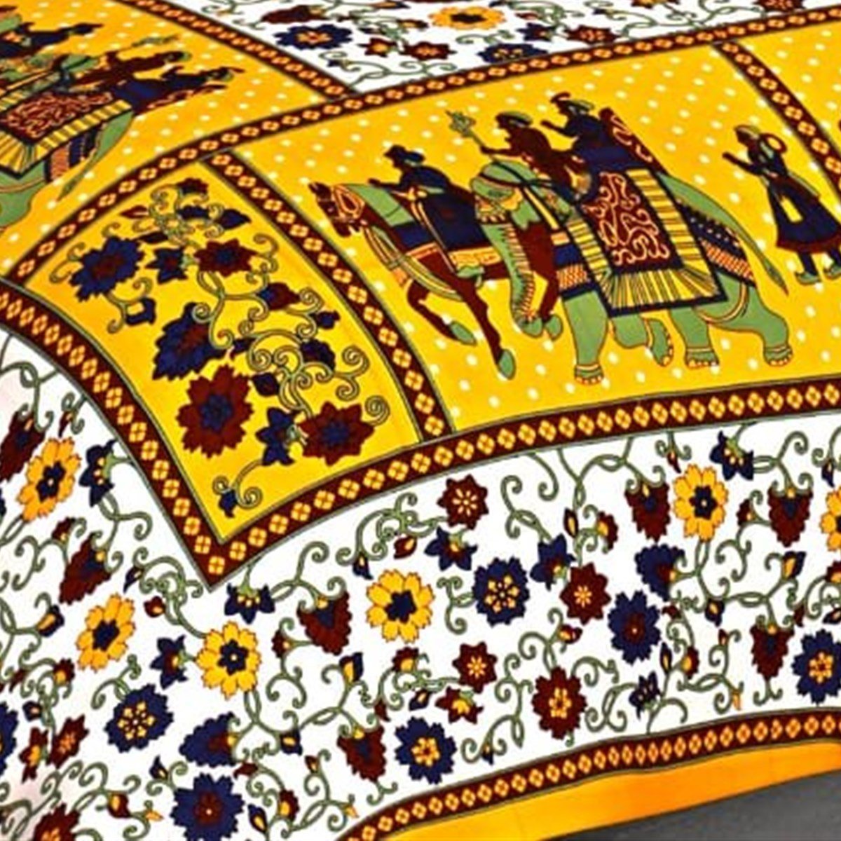 Border and edge detail of the Yellow Rajasthani Elephant Panel Floral Double Bedsheet