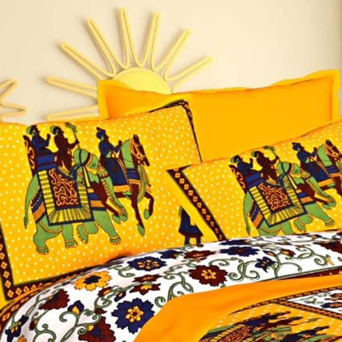 Pillow cover area of the Yellow Rajasthani Elephant Panel Floral Double Bedsheet