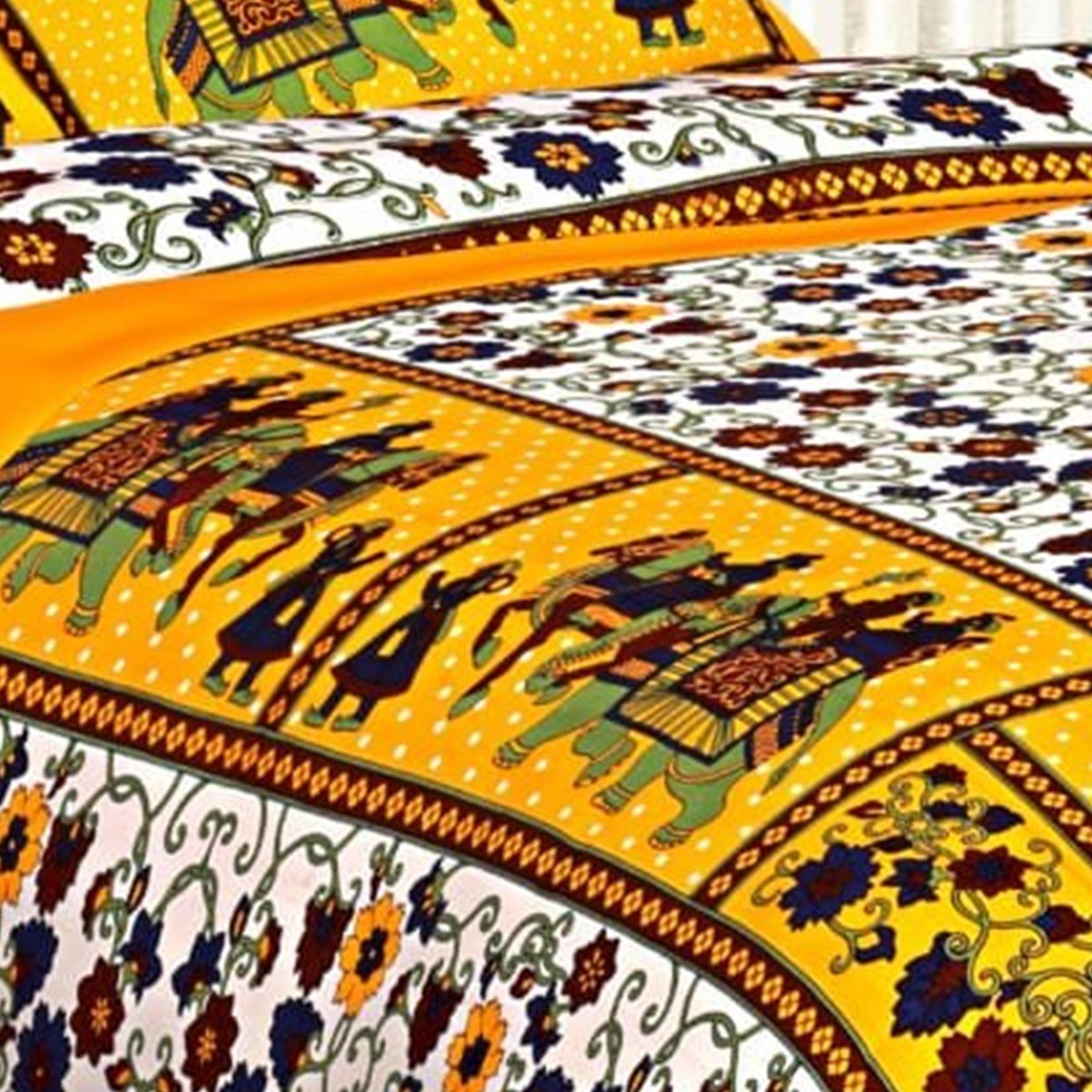 Close-up of the print on the Yellow Rajasthani Elephant Panel Floral Double Bedsheet