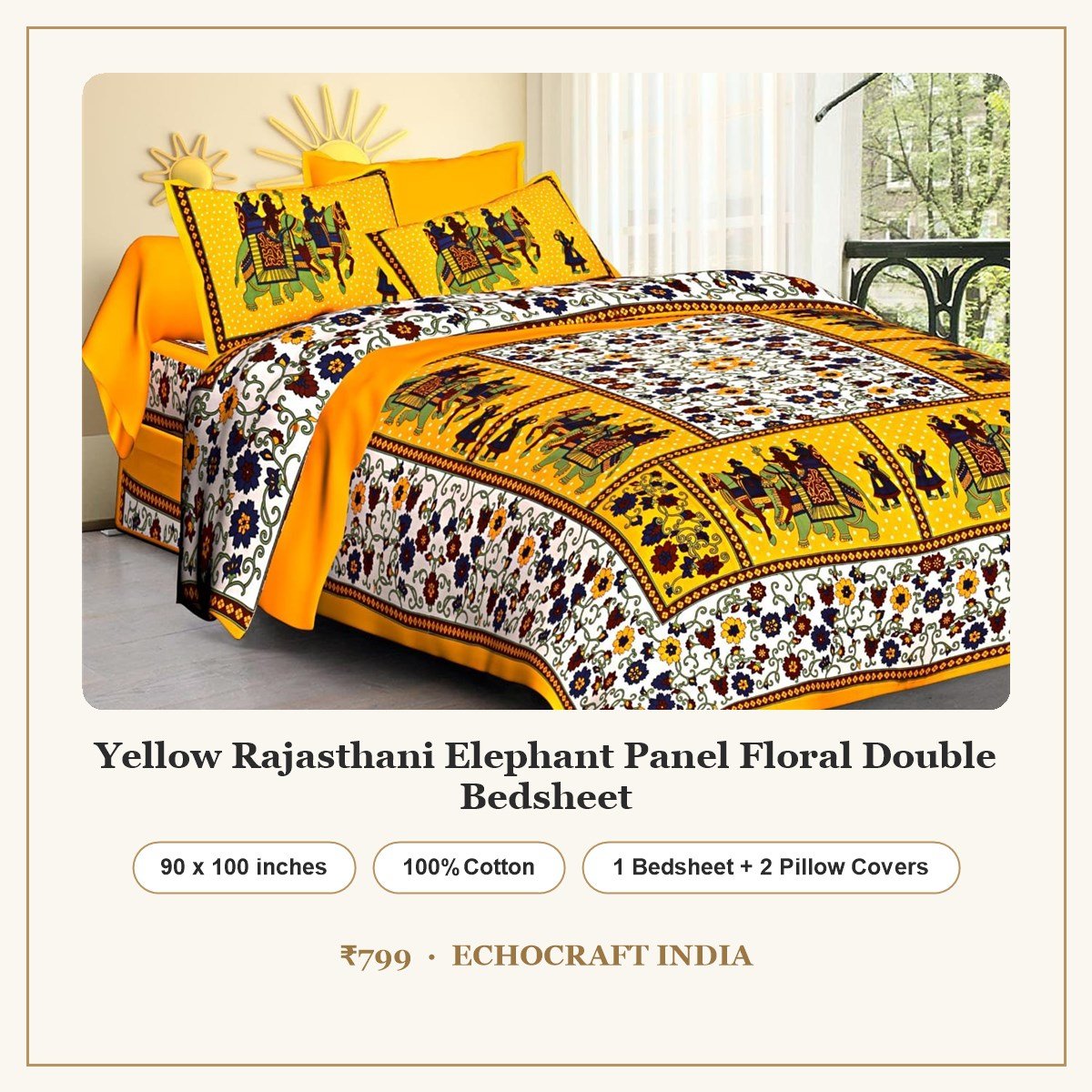 Yellow Rajasthani Elephant Panel Floral Double Bedsheet – 90 x 100 inches, 100% cotton, 1 bedsheet and 2 pillow covers, ₹799